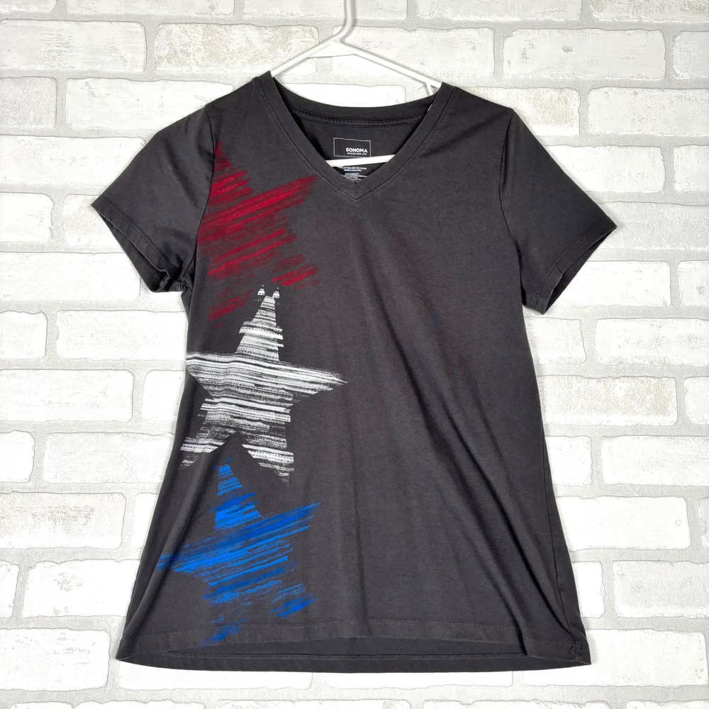 Sonoma Goods For Life Womens Gray V-Neck Patriotic Star Graphic T-Shirt Small